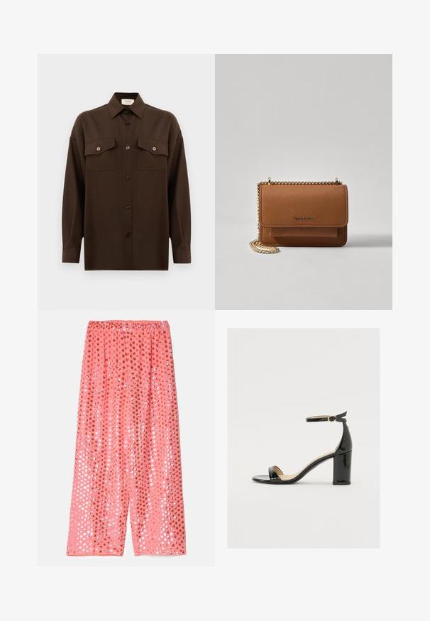 Temno rjav srajca z dolgimi rokavi na gumbe, z dvema žepoma na prsih in klasičnim ovratnikom, prikazana na enotni beli podlagi.; Roza široke hlače iz lahkega materiala, okrašene z bleščečimi škrlatnimi in bakrenimi vzorci ter z elastičnim pasom.; Črne patentirane sandale s široko peto, odprtim prstom in trakovi okoli gležnja, ki imajo zlat zajemalec. Gladka tekstura in eleganten dizajn.; Rjava teksturirana usnjena torba čez ramo z zlatim verižnim trakom in zapiranjem na pokrov. Spredaj je vidna podrobnost logotipa in žep pod pokrovom.