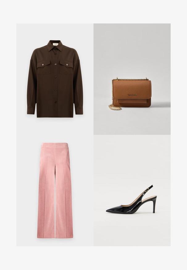 Dark brown long-sleeve button-up shirt with two flap chest pockets and a classic collar, displayed against a plain white background.; Pale pink, wide-leg corduroy trousers with vertical ribbing and a fitted waistband. Smooth texture with a relaxed silhouette.; Black patent leather slingback pump with pointed toe, slim heel, and a subtle cutout design. Features a gold buckle on the strap.; Brown textured leather crossbody bag with gold chain strap and flap closure. Front features logo detail and a pocket under the flap.