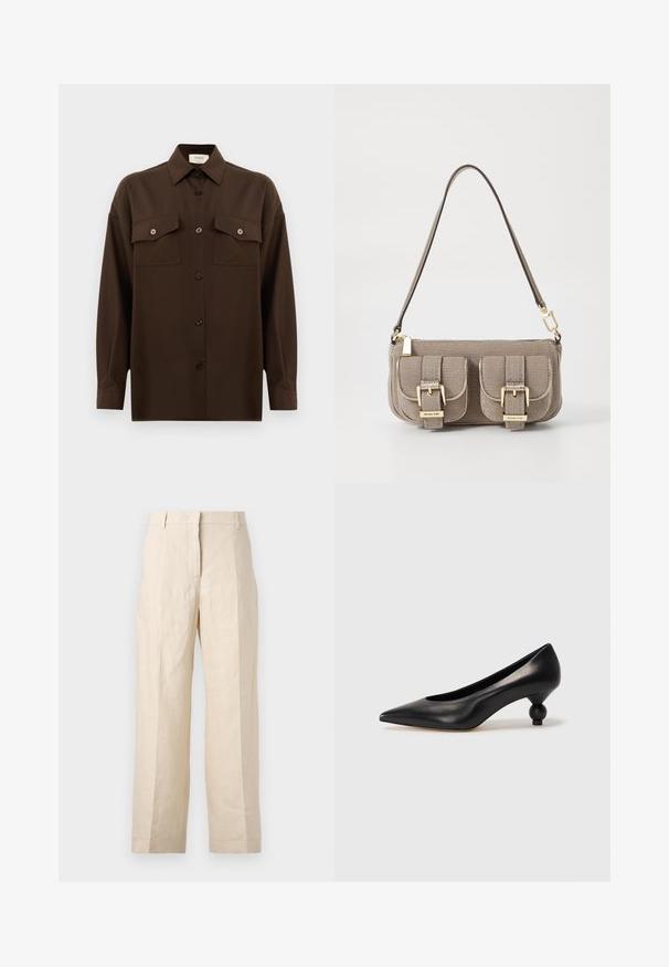 Cămașă lungă, cu mâneci lungi, de culoare maro închis, cu două buzunare frontale cu clapetă și guler clasic, expusă pe un fundal alb simplu.; Pantaloni din in bej cu croială lejeră, cu față pliată și picioare drepte. Prezintă un brâu cu bucle pentru curea și fără buzunare vizibile.; Pantofii cu toc înalt din piele neagră, cu vârf ascuțit și toc rotund, mimos. Textură netedă, cu un design elegant și minimalist.; Geantă bej texturată, cu curea ajustabilă, două buzunare frontale asigurate cu catarame și accente din metal aurit. Închidere cu fermoar în partea de sus.