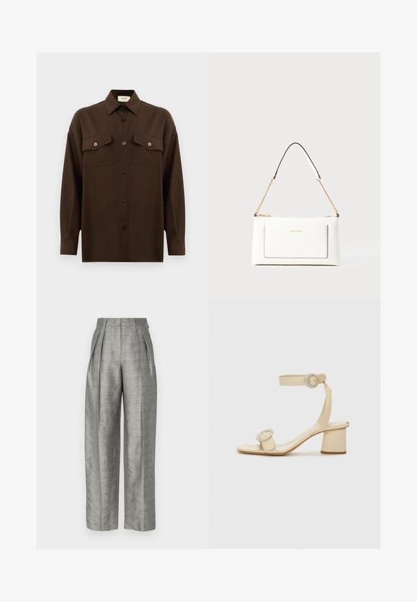 Mörkbrun långärmad skjorta med knappar, två fällbara bröstfickor och klassisk krage, visad mot en enkel vit bakgrund.; Grå höga byxor med veck, tillverkade av ett strukturerat tyg med ett diskret rutmönster. Bred ben-design med sidfickor.; Beige klacksandaler med fyrkantig tå, justerbar ankelrem och två runda spännen. Slät lädertextur och blockklack.; Vit läderhandväska med texturerad yta, med guldkedjeslinga och svarta accenter. Inkluderar en framsida ficka och dragkedjestängning.