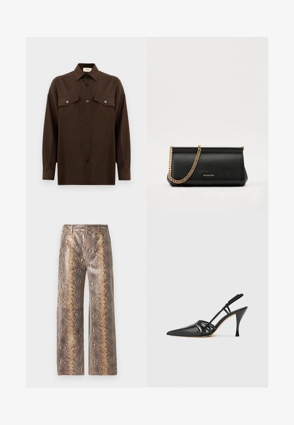 Dunkelbraunes Langarmhemd mit Knopfleiste, zwei Brusttaschen mit Klappe und klassischem Kragen, vor einem schlichten weißen Hintergrund präsentiert.; Schlangenprint-Hosen in Braun und Beige, mit einem weit geschnittenen Design, glatter Textur und kontrastierendem Musterstoff für einen mutigen Look.; Schwarze Leder-Slingback-Pumps mit spitzem Zehenbereich, über Kreuz verlaufendem Riemendesign und schmalem Stiletto-Absatz. Glatte Oberfläche und minimalistische Akzente.; Schwarze Leder-Clutch mit einer goldenen Ketten-Trage, die eine glatte Oberfläche, rechteckige Form und geprägtes Branding auf der Vorderseite aufweist.