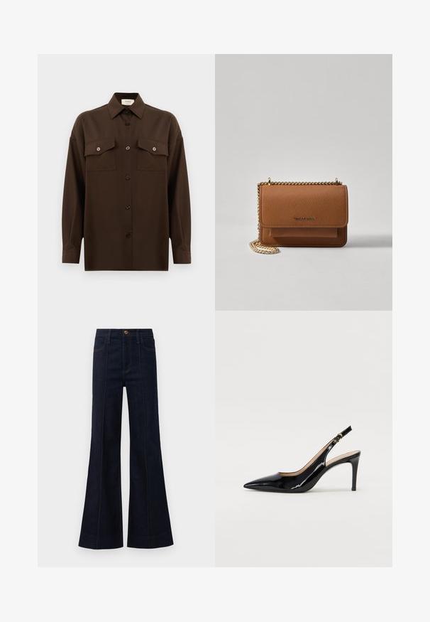 Dark brown long-sleeve button-up shirt with two flap chest pockets and a classic collar, displayed against a plain white background.; Dark blue denim flared jeans with a high waist, front pockets, and visible stitching. The fabric has a smooth texture and structured shape.; Black patent leather slingback pump with pointed toe, slim heel, and a subtle cutout design. Features a gold buckle on the strap.; Brown textured leather crossbody bag with gold chain strap and flap closure. Front features logo detail and a pocket under the flap.