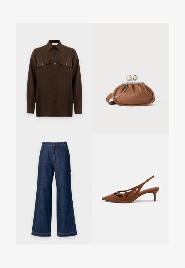 Tumma ruskea pitkähihainen napitettava paita, jossa on kaksi läpällistä rintataskua ja klassinen kaulus, esiteltynä yksinkertaista valkoista taustaa vasten.; Laadukkaita tummansinisistä denimistä valmistettu leveälahkeinen housu. Ominaisuuksia ovat normaali vyötärö nappikiinnityksellä, sivutaskut ja suorat helmaviimeistelyt. Klassinen viisi-taskuinen muotoilu.; Ruske nahkaste slingback petanke s poudarjenim nosom, z izrezljanim dizajnom in šivanjem. Ima vitko peto in prilagodljiv trak.; Ruskolehti nahka käärimispuss, jossa on hopeinen pallo-osa ja pieni hopeaketjuvalinta valkoista taustaa vasten.