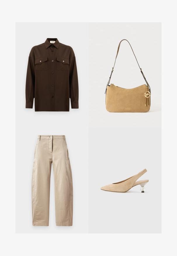 Donkerbruin langarm overhemd met knopen, voorzien van twee zakken met klep op de borst en een klassieke kraag, weergegeven tegen een effen witte achtergrond.; Beige wijde broek van een soepele katoenmix, met een sluiting met een knoop aan de voorkant, zijzakken en zichtbare stikseldetails.; Beige suède slingbackschoen met een spitse neus en een transparante, ronde hak. Gladde textuur en minimalistisch ontwerp.; Tan suède schoudertas met een gebogen vorm, gouden hardware en ritssluiting. Voorzien van een bijgevoegd charm met de initialen "MK."