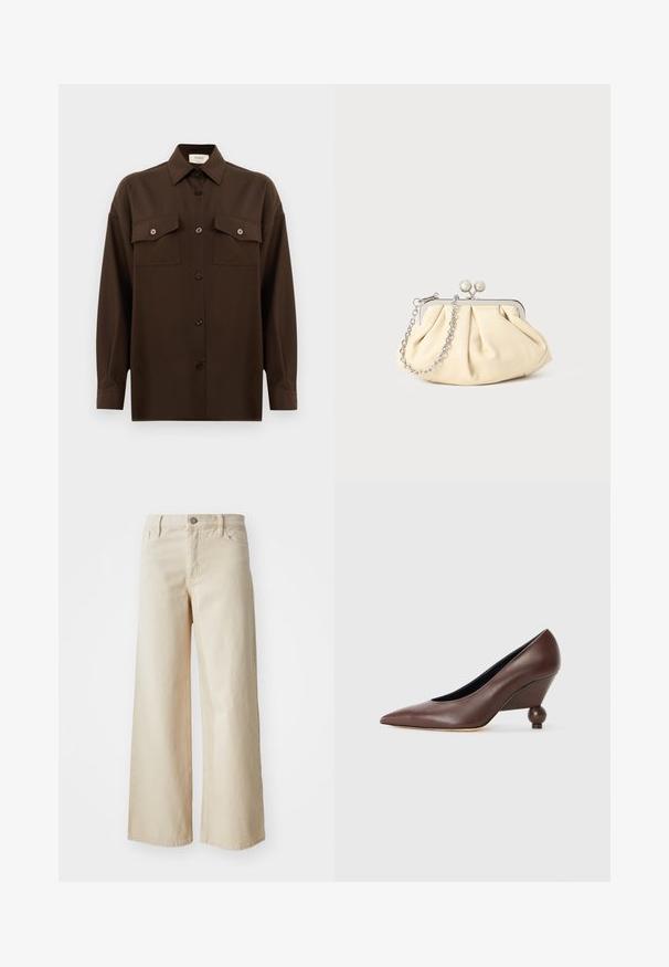 Dark brown long-sleeve button-up shirt with two flap chest pockets and a classic collar, displayed against a plain white background.; Beige wide-leg jeans made of denim, featuring a high waist, button closure, belt loops, and side pockets. Smooth texture and relaxed fit.; Brown leather wedge pump with a pointed toe and a rounded, ball-shaped heel. Smooth texture with a simple design and minimal accents.; Pleated beige leather clutch with a silver metal frame, featuring two round decorative clasps and a silver chain strap.