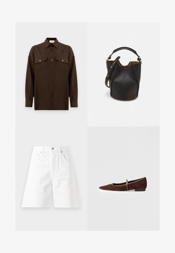 Tumepruun pikkade varrukatega nööbitav särk kahe klapp-taskuga rinnal ja klassikalise kraega, esitlemiseks lihtsa valge tausta ees.; Valged denim lühikesed püksid, millel on kõrge vöökoht, viie tasku disain ja lukuga esitasku. Omab vasktoonilisi metallosi ja lõdvemat istuvust.; Kohvatuubist korterjalats terava ninaga, millel on õhuke rihm ja kuldne aksessuaar. Jalatsil on madal konts ja hall ääre. ; Mustast nahkämbriga kott tekstuurses viimistluses, kuldsete metalldetailide aktsentidega ja avatud ülaosaga. Omab lühikest käepidet ja reguleeritavat õlavarre rihma.