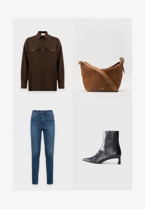 Tamsiai rudas ilgarankovis mygtukų marškiniai su dviem kišenėmis ant krūtinės ir klasikiniais apykakle, pristatomas prieš paprastą baltą foną.; Mėlyni džinsai su siauru siluetu, turintys vidutinio aukščio liemenį, penkių kišenių dizainą ir subtilų blukimą šlaunų ir kelių srityse.; Juodas odinis kulkšninis batas su smailiu pirštu ir elegantišku dizainu. Turi žemą kulną ir užtrauktuką gale. Lygi tekstūra.; Ruda suedes pečių rankinė su išsiuvinėtu gėlės dizainu, papildyta lygiu ruduo odos diržu ir auksinės spalvos detalėmis.