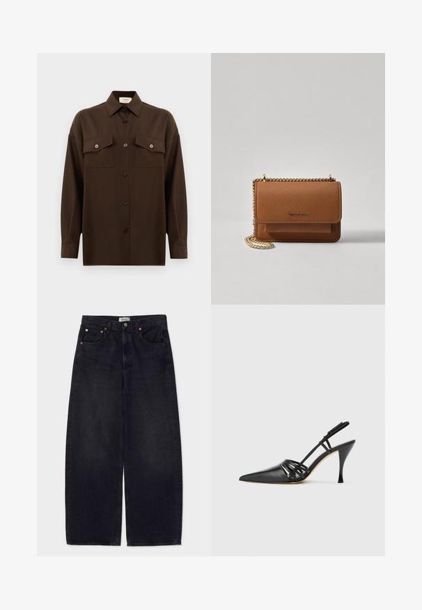 Dunkelbraunes Langarmhemd mit Knopfleiste, zwei Brusttaschen mit Klappe und klassischem Kragen, vor einem schlichten weißen Hintergrund präsentiert.; Agolde LOW CURVE - Jeans Relaxed Fit - black tar; Schwarze Leder-Slingback-Pumps mit spitzem Zehenbereich, über Kreuz verlaufendem Riemendesign und schmalem Stiletto-Absatz. Glatte Oberfläche und minimalistische Akzente.; Braune strukturierte Ledertasche mit goldener Kettenriemen und Klappenverschluss. Die Vorderseite zeigt ein Logo-Detail und eine Tasche unter der Klappe.