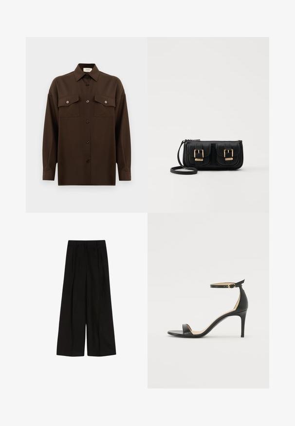 Mörkbrun långärmad skjorta med knappar, två fällbara bröstfickor och klassisk krage, visad mot en enkel vit bakgrund.; Svarta vida byxor med hög midja, med veck och ett slätt texturerat tyg. Ren design utan synlig hårdvara eller dekorationer.; Svart läder högklackad sandal med ankelrem. Har en mjuk yta, öppen tå och en tunn klack. Guldtonad spänne som detalj.; Svart läderaxelväska med två framfickor, guldspännen, dragkedjestängning och en smal rem. Texturerad yta och kompakt rektangulär form.