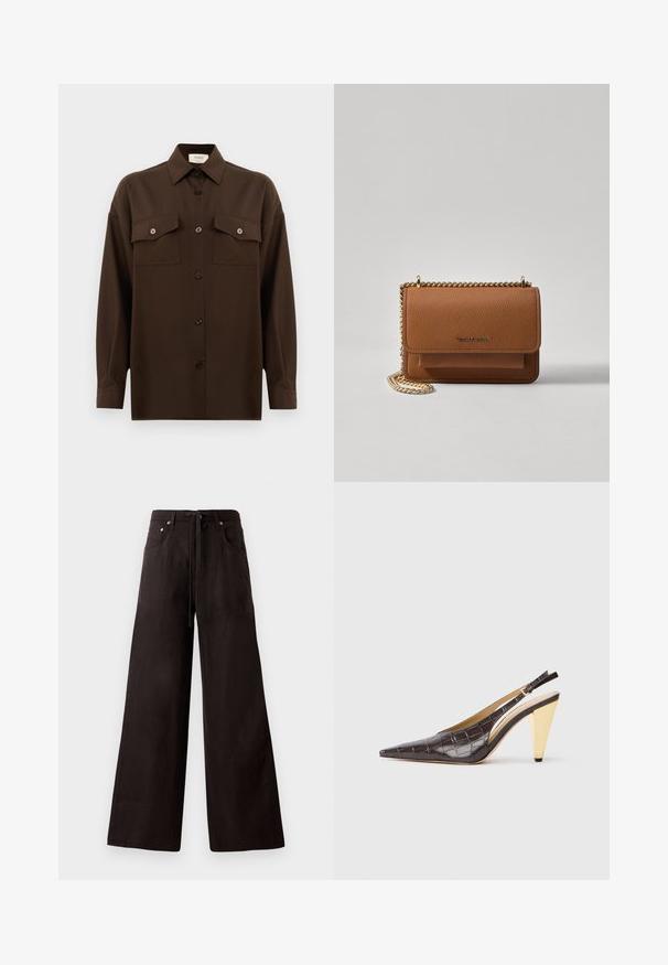 Donkerbruin langarm overhemd met knopen, voorzien van twee zakken met klep op de borst en een klassieke kraag, weergegeven tegen een effen witte achtergrond.; Zwarte wijde broek van lichtgewicht stof. Voorzien van een elastische taille met trekkoord, voorzakken en een subtiele textuur.; Puntige slingback hak in donkerbruin glanzend faux krokodillenleer. Kenmerkt zich door een goudkleurige geometrische hak en een verstelbare enkelband.; Bruine lederen schoudertas met textuur, voorzien van een gouden kettingstrap en klepsluiting. De voorkant heeft een logo-detail en een zak onder de klep.