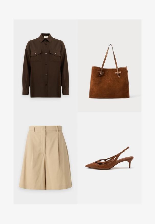 Tumepruun pikkade varrukatega nööbitav särk kahe klapp-taskuga rinnal ja klassikalise kraega, esitlemiseks lihtsa valge tausta ees.; Beežid plisseeritud lühikesed püksid kõrge vöökohtaga, sileda tekstuuriga ja ilma nähtavate kinnitusteta, kujundatud puhta silueti jaoks.; Pruun nahast slingback-konts, millel on terav nina, lõikelaudade disain ja tikitud detailid. Omab peenikest konts ja reguleeritavat rihma.; Pruun suede kott kahe nahkhaarakaga, lame kuju, õmblustega detailid ning sõlmeelement külgedel. Nähtavaid sulgureid pole.