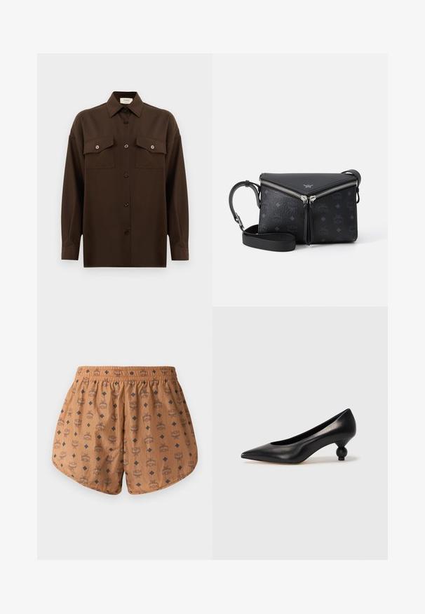 Mörkbrun långärmad skjorta med knappar, två fällbara bröstfickor och klassisk krage, visad mot en enkel vit bakgrund.; Bruna shorts med ett mönster av logotyper över hela, mörkblå diamantdetaljer, elastisk midja och lätt, texturerad tyg.; Svart läderhögklackad sko med spetsig tå och rund, bollformad klack. Slät yta med en elegant, minimalistisk design.; Svart lädercrossbody-väska med silverfärgad V-formad dragkedja, präglat logomönster och justerbar rem på vit bakgrund.