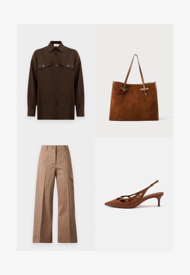 Dark brown long-sleeve button-up shirt with two flap chest pockets and a classic collar, displayed against a plain white background.; Brown wide-leg trousers made from a smooth fabric, featuring a front button closure, two front pockets, and clean, tailored lines.; Brown leather slingback heel with a pointed toe, cut-out design, and stitched detailing. Features a slender heel and adjustable strap.; Brown suede tote bag with two leather handles, flat shape, stitched accents, and knot detail on the sides. No visible closures.