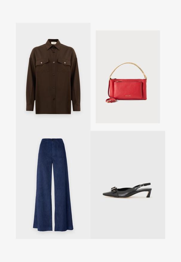 Temno rjav srajca z dolgimi rokavi na gumbe, z dvema žepoma na prsih in klasičnim ovratnikom, prikazana na enotni beli podlagi.; Široke hlače iz korduroja v mornarski modri barvi z gladko teksturo, ki vsebujejo gumbasto zapiranje in vertikalne rebraste detajle za dodatno globino.; Črne usnjene slingback čevlje z ostrim nosom, majhnim petam in dekorativno sponko na zgornjem delu. Gladka tekstura, minimalistična zasnova.; Rdeča usnjena torbica z zloženim zaključkom, zlato verigo in trak, sprednja žepna zadrga ter izdelek z embosiranim logotipom. Kompaktna in strukturirana zasnova.