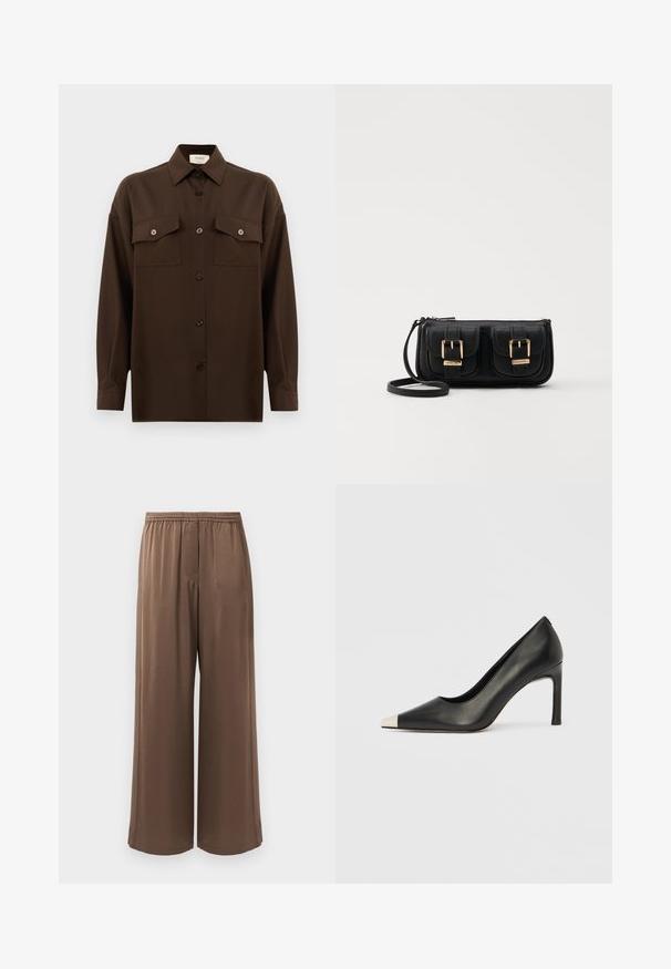 Dunkelbraunes Langarmhemd mit Knopfleiste, zwei Brusttaschen mit Klappe und klassischem Kragen, vor einem schlichten weißen Hintergrund präsentiert.; Braune weite Hosen mit elastischem Taillenbund und glattem Stoff, auf einem schlichten weißen Hintergrund präsentiert.; Schwarzer Lederschuh mit hohem Absatz, spitz zulaufender Zehenpartie und metallischer silberner Spitze. Verfügt über eine glatte Oberfläche und einen schlanken 10 cm hohen Absatz.; Schwarze Leder-Umhängetasche mit zwei vorderen Taschen, goldenen Schnallen, Reißverschluss und einem schmalen Tragegurt. Texturierte Oberfläche und kompakte rechteckige Form.