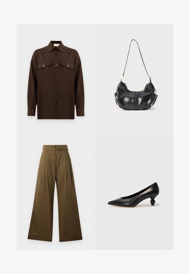 Ciemnobrązowa, długa koszula z guzikami, z dwiema kieszeniami na klatce piersiowej i klasycznym kołnierzykiem, zaprezentowana na jednolitym białym tle.; Szerokie spodnie w kolorze oliwkowym, wykonane z tkaniny, z wysokim stanem, fałdami z przodu oraz detalem w postaci srebrnej okrągłej klamry. Gładka tekstura.; Czarna skórzana szpilka z ostrym czubkiem i okrągłym, kulistym obcasem. Gładka tekstura z eleganckim, minimalistycznym wzornictwem.; Czarna skórzana torba w kształcie półksiężyca na ramię z srebrnymi zamkami błyskawicznymi po obu stronach i pojedynczym paskiem.