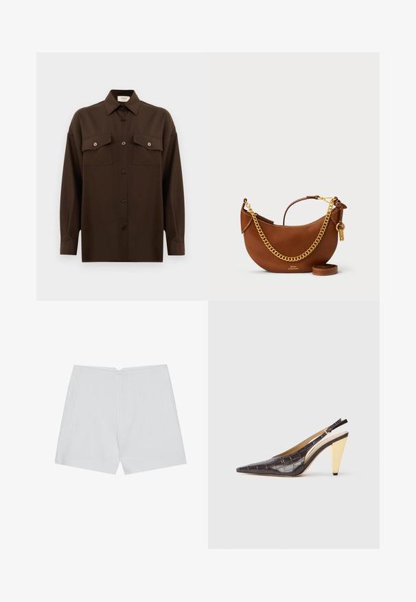 Tmavohnedá košeľa s dlhým rukávom, na gombíky, s dvoma vreckami na hrudi a klasickým golierom, umiestnená na jednoduchom bielom pozadí.; Biele šortky s prispôsobeným strihom, hladkým predným dielom, dvoma bočnými vreckami a čistým lemom. Vyrobené z hladkej tkaniny bez viditeľných vzorov.; Sandal s pointer špičkou a elastickým pásikom na päte v tmavohnedej lesklej imitácii krokodílej kože. Obsahuje zlatý geometrický podpätok a nastaviteľný pásik na členku.; Hnedá kožená kabelka s zakriveným dizajnom, zlatým reťazovým popruhom, vnútornou kapsou a odnímateľným ramenným popruhom. Obsahuje kontrastné švy.