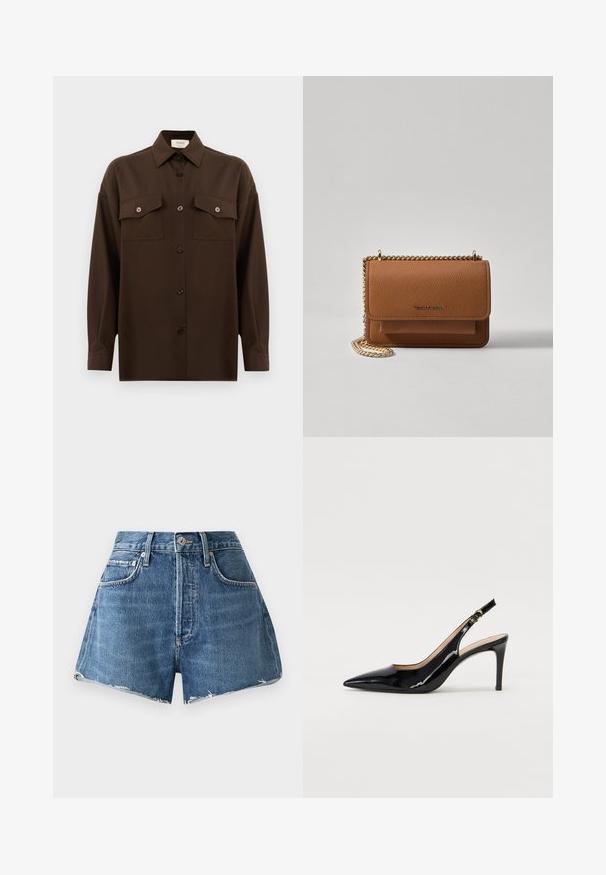 Tamsiai rudas ilgarankovis mygtukų marškiniai su dviem kišenėmis ant krūtinės ir klasikiniais apykakle, pristatomas prieš paprastą baltą foną.; Šviesiai mėlynos, aukštu juosmeniu džinsinės šortai, su nusitrynusiu apvadu, penkiais kišenėmis ir metaliniu sagčių užsegimu. Pagaminti iš tvirtos medvilnės medžiagos.; Juodas lakinės odos slingback batelis su smailiu nosiu, plonu kulnu ir subtiliu išpjovos dizainu. Yra auksinė sagtis ant dirželio.; Ruda tekstūruota odinė per petį nešama rankinė su auksiniu grandininiu dirželiu ir užlenkiamo užsegimo. Priekinėje pusėje yra logotipo detalė ir kišenė po užlenkimu.