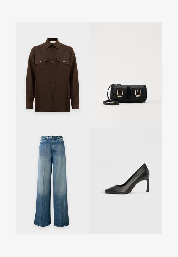 Chemise à manches longues brun foncé avec boutons, dotée de deux poches poitrine à rabat et d'un col classique, présentée sur un fond blanc uni.; Jean en denim bleu clair, à jambe large. Doté d'une taille haute, d'un design classique à cinq poches et d'un dégradé de couleur allant du foncé au clair.; Chaussure à talon haut en cuir noir avec bout pointu et capuchon argenté métallique. Présente une finition lisse et un talon fin de 10 cm.; Sac en cuir noir porté en travers avec deux poches avant, boucles dorées, fermeture zippée et une sangle fine. Surface texturée et forme rectangulaire compacte.