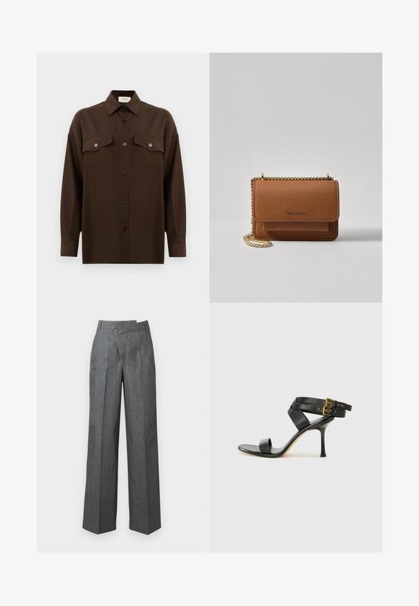 Tumši brūns garām piedurknēm pogājams krekls ar diviem kabatām uz krūtīm un klasisku apkakli, attēlots uz vienkārša baltā fona.; Platas kājas bikses tumši pelēkā audumā ar augstu jostasvietu, priekšējo šķērsplātņu un vienu pogas aizdari sānos.; Melna augsta papēža sāndele ar krustotiem siksniņām un regulējamu sprādzi. Iespēlēts gluds tekstūra un pakāpenisks stiletto papēdis.; Brūna teksturēta ādas plecu soma ar zelta ķēdes siksnu un atloka aizdari. Priekšpusē ir logotipa detaļa un kabata zem atloka.