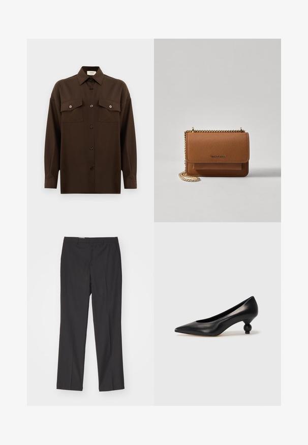 Tamsiai rudas ilgarankovis mygtukų marškiniai su dviem kišenėmis ant krūtinės ir klasikiniais apykakle, pristatomas prieš paprastą baltą foną.; Juodos pritaikytos kelnės su tiesiu kirpimu, turinčios diržo kilpas ir lygų tekstūrą, pagamintos iš lengvos medžiagos.; Juoda odinė aukštakulnė bateliai su smailiu pirštu ir apvaliu, iškiliu kulnu. Lygus paviršius su elegantišku, minimalistiniu dizainu.; Ruda tekstūruota odinė per petį nešama rankinė su auksiniu grandininiu dirželiu ir užlenkiamo užsegimo. Priekinėje pusėje yra logotipo detalė ir kišenė po užlenkimu.