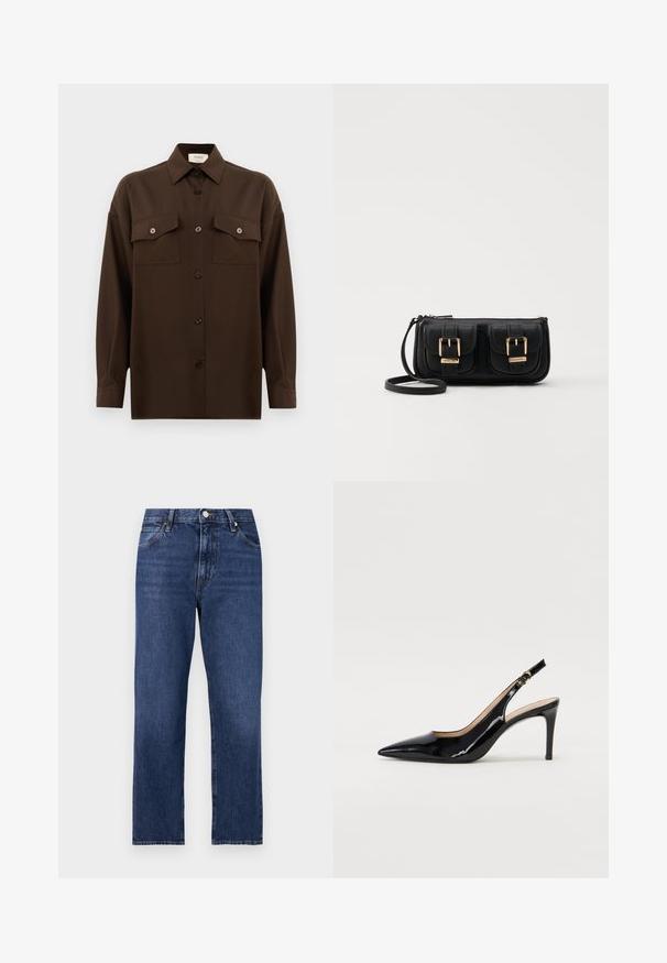 Tmavohnedá košeľa s dlhým rukávom, na gombíky, s dvoma vreckami na hrudi a klasickým golierom, umiestnená na jednoduchom bielom pozadí.; Jeans z denimu v tmavomodrom odtieni. Rovný strih s piatimi vreckami, predné zapínanie na gombík a kontrastné švy.; Čierne lakované kožené slingback lodičky s špicatou špičkou, štíhlým podpätkom a jemným výrezom. Obsahuje zlatú pracku na remienku.; Čierna kožená crossbody taška s dvoma prednými vreckami, zlatými sponami, zipsovým uzatváraním a úzkym popruhom. Štruktúrovaný povrch a kompaktný obdĺžnikový tvar.