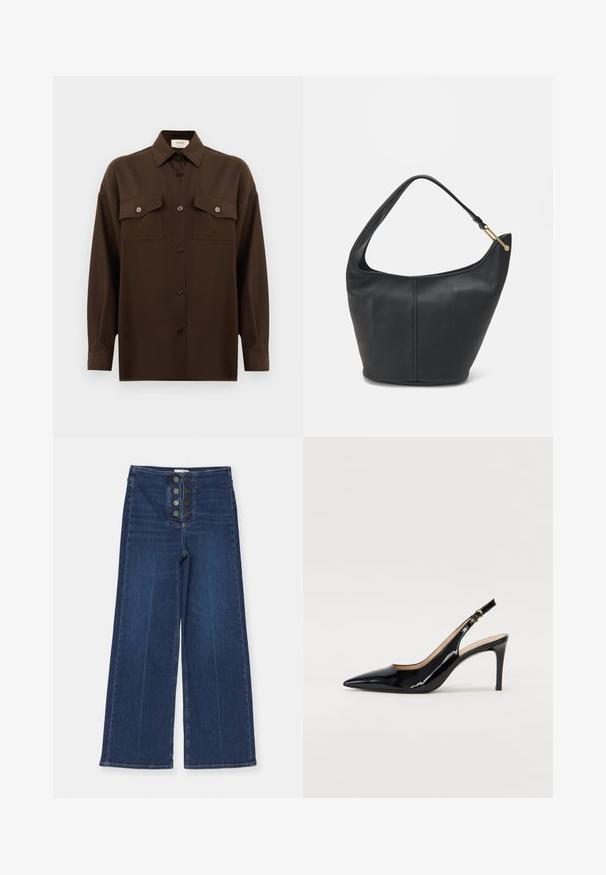 Dark brown long-sleeve button-up shirt with two flap chest pockets and a classic collar, displayed against a plain white background.; Wide-leg denim jeans in dark blue, featuring a high waist and five-button front closure, with a smooth texture and slight fading.; Black patent leather slingback pump with pointed toe, slim heel, and a subtle cutout design. Features a gold buckle on the strap.; Black leather handbag with a rounded shape, a wide strap, and a textured finish. Features a subtle seam detail and a gold-tone hardware accent.