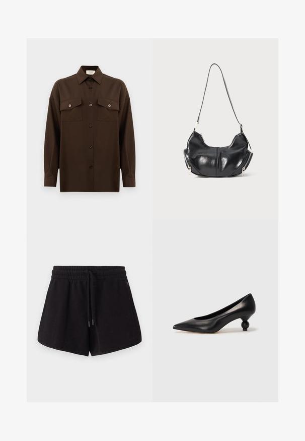 Dunkelbraunes Langarmhemd mit Knopfleiste, zwei Brusttaschen mit Klappe und klassischem Kragen, vor einem schlichten weißen Hintergrund präsentiert.; Schwarze sportliche Shorts aus weichem Stoff. Sie verfügen über einen elastischen Bund mit Kordelzug, Seitentaschen und einen lockeren Schnitt.; Schwarze Leder-Pumps mit spitzem Zehenbereich und runder, ballförmiger Ferse. Glatte Textur mit einem eleganten, minimalistischen Design.; Schwarze lederne, mondförmige Schultertasche mit silbernen Reißverschlüssen auf beiden Seiten und einem einzigen Trageriemen.