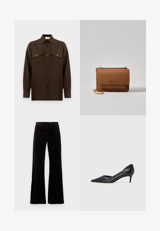 Dunkelbraunes Langarmhemd mit Knopfleiste, zwei Brusttaschen mit Klappe und klassischem Kragen, vor einem schlichten weißen Hintergrund präsentiert.; Schwarze Corduroy Schlaghosen mit strukturiertem Bund, glatter Textur und weitem Beinansatz, die eine entspannte Silhouette schaffen.; Schwarzer Pumps aus Leder mit spitzer Zehenpartie und niedrigem Absatz. Verfügt über eine glatte Textur und dezenten Glanz. Vordere Öffnung für ein zusätzliches Detail.; Braune strukturierte Ledertasche mit goldener Kettenriemen und Klappenverschluss. Die Vorderseite zeigt ein Logo-Detail und eine Tasche unter der Klappe.