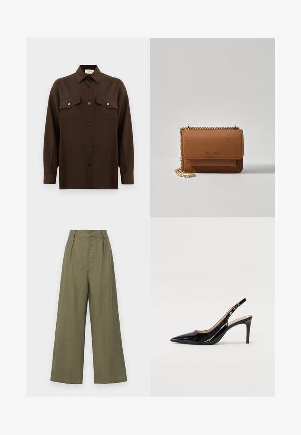 Temno rjav srajca z dolgimi rokavi na gumbe, z dvema žepoma na prsih in klasičnim ovratnikom, prikazana na enotni beli podlagi.; Faithfull the brand IDA - Hlače - khaki; Črne lakirane slingback čevlje z izostrenim nosom, ozkim peto in subtilnim izrezom. Na traku je zlata sponka.; Rjava teksturirana usnjena torba čez ramo z zlatim verižnim trakom in zapiranjem na pokrov. Spredaj je vidna podrobnost logotipa in žep pod pokrovom.