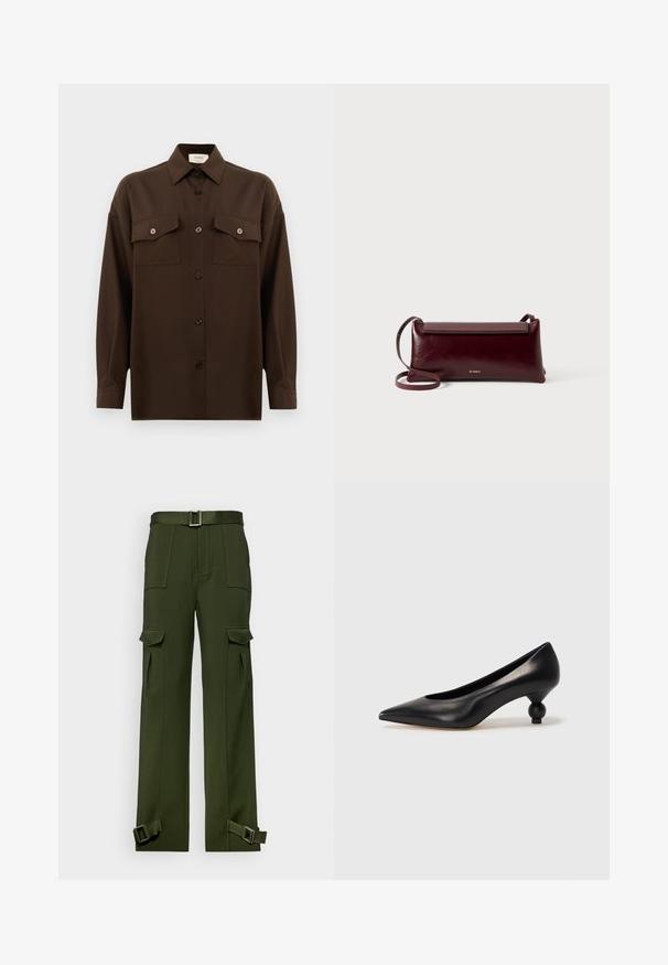 Mörkbrun långärmad skjorta med knappar, två fällbara bröstfickor och klassisk krage, visad mot en enkel vit bakgrund.; Gröna cargobyxor tillverkade av slitstarkt tyg. Funktioner inkluderar midja med bälte, flera stora fickor och spännband vid anklarna.; Svart läderhögklackad sko med spetsig tå och rund, bollformad klack. Slät yta med en elegant, minimalistisk design.; Burgunderfärgad läderväska med lång rem, slät yta, rektangulär form, lockstängning och en tunn justerbar axelrem. Guld-logotyp synlig.
