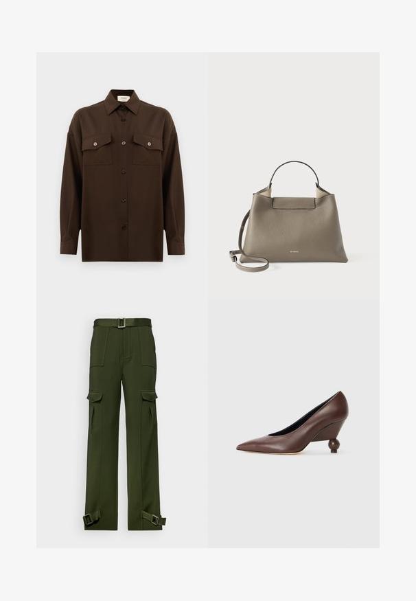 Tumši brūns garām piedurknēm pogājams krekls ar diviem kabatām uz krūtīm un klasisku apkakli, attēlots uz vienkārša baltā fona.; Zaļas kravas bikses, kas izgatavotas no izturīgas auduma. Iezīmes ietver jostu viduklī, daudzas lielas kabatas un piepīpējamas siksnas pie potītēm.; Brūni ādas klondīku zābaki ar smailu purngalu un noapaļotu, bumbu formas papēdi. Gluda tekstūra ar vienkāršu dizainu un minimāliem akcentiem.; teksturēta pelēka ādas rokassoma ar augšējo rokturi un regulējamu plecu siksnu, ar minimālisma dizainu un smalku zīmolu uzrakstu iepresētu priekšpusē.