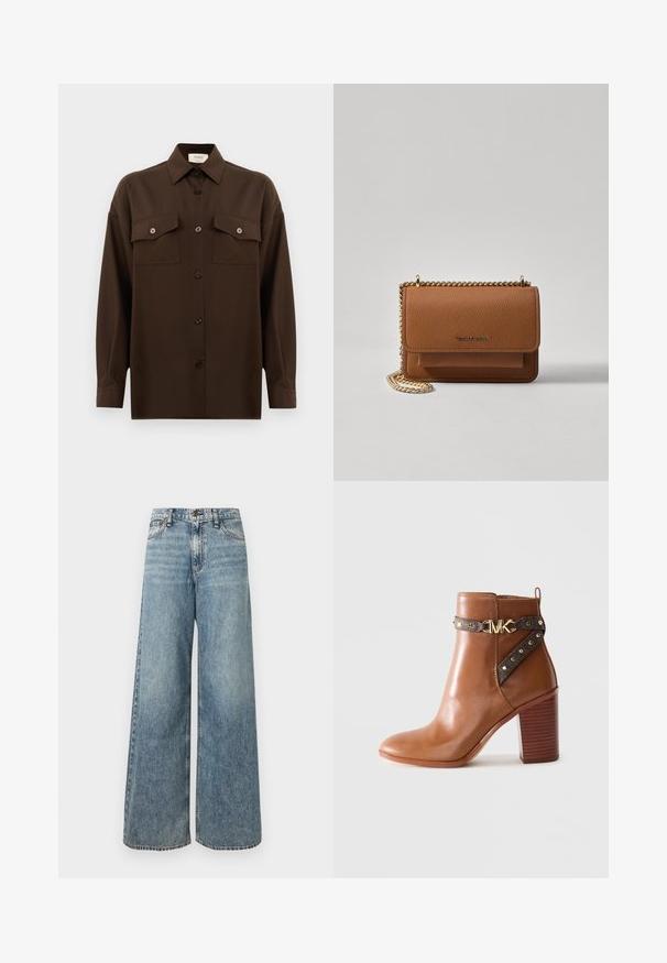 Temno rjav srajca z dolgimi rokavi na gumbe, z dvema žepoma na prsih in klasičnim ovratnikom, prikazana na enotni beli podlagi.; Svetlo modre kavbojke z širokimi hlačnicami iz jeansa, z visokim pasom, bledenim vzorcem, obliko s petimi žepi in kontrastnim šivom.; Rjavi usnjeni gležnjarji z blokastim petami, stransko zanko z zlatimi zakovicami in z zlatim sponko z logotipom "MK".; Rjava teksturirana usnjena torba čez ramo z zlatim verižnim trakom in zapiranjem na pokrov. Spredaj je vidna podrobnost logotipa in žep pod pokrovom.