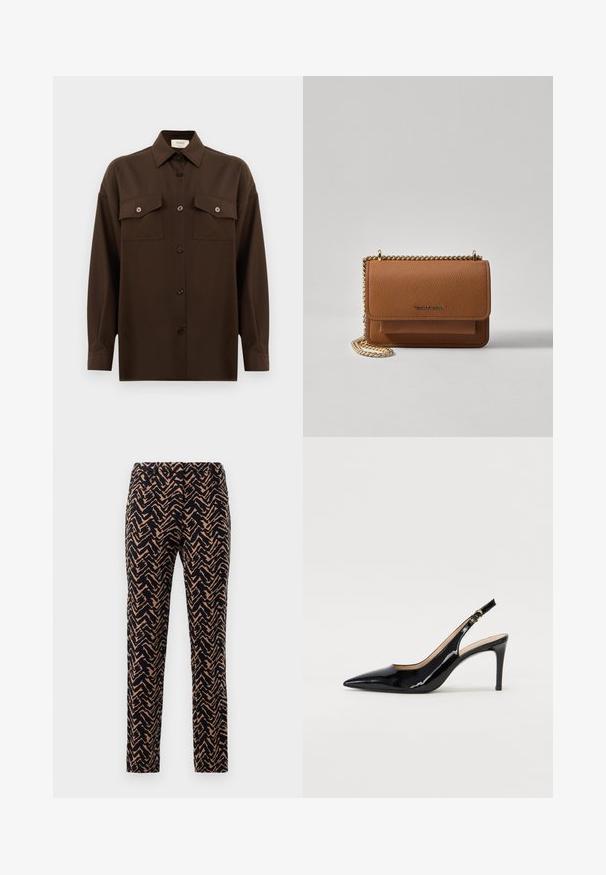 Dark brown long-sleeve button-up shirt with two flap chest pockets and a classic collar, displayed against a plain white background.; Slim-fit trousers in a zigzag pattern, navy and tan colors, featuring a smooth texture and a standard waistband.; Black patent leather slingback pump with pointed toe, slim heel, and a subtle cutout design. Features a gold buckle on the strap.; Brown textured leather crossbody bag with gold chain strap and flap closure. Front features logo detail and a pocket under the flap.