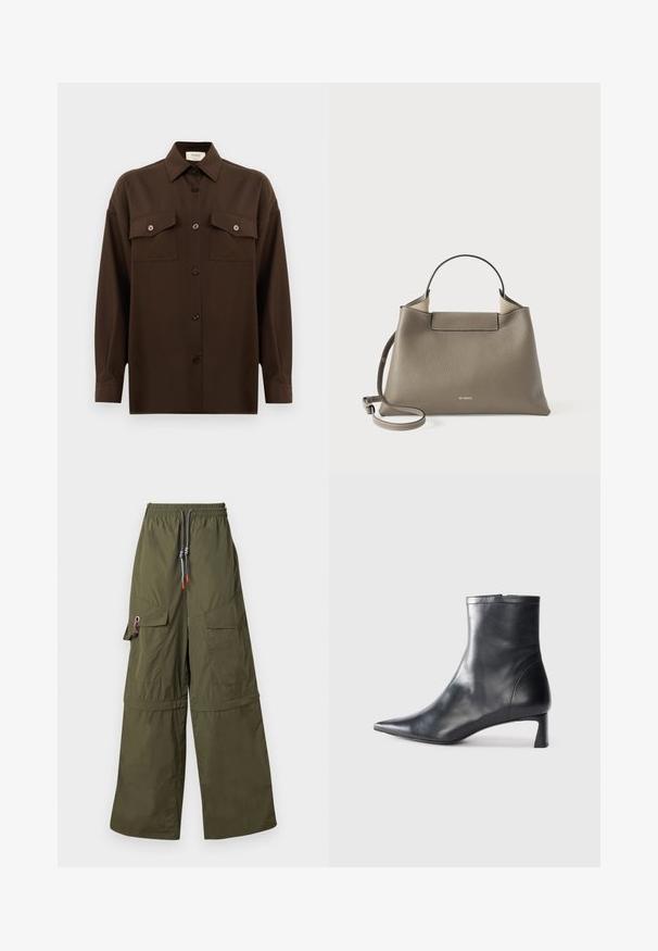Tmavohnedá košeľa s dlhým rukávom, na gombíky, s dvoma vreckami na hrudi a klasickým golierom, umiestnená na jednoduchom bielom pozadí.; Zelené cargo nohavice s širokými nohavicami vyrobené z ľahkého materiálu, so elastickým pásom, viacerými vreckami a charakteristickými detailmi na šnúrke.; Čierne kožené členkové topánky s špicatou špičkou a elegantným dizajnom. Majú nízky podpätok a zips na zadnej strane. Hladká textúra.; Textúrovaná sivá kožená kabelka s horným držadlom a nastaviteľným ramenným popruhom, s minimalistickým dizajnom a jemným logom embosovaným na prednej strane.