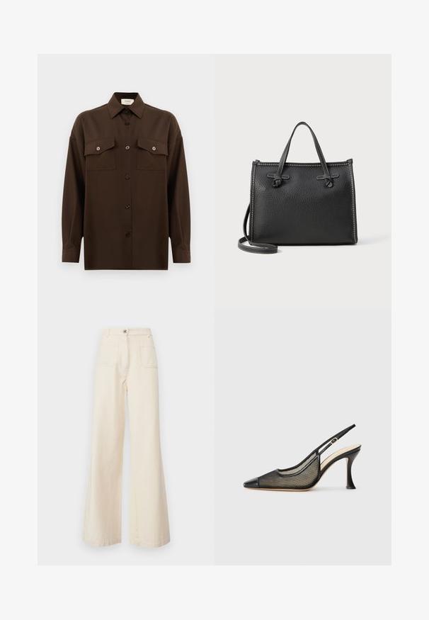 Mørkebrun langærmet skjorte med knaplukning, to brystlommer med klap og en klassisk krave, præsenteret mod en helt hvid baggrund.; WEEKEND MaxMara FILTRO - Bukser - ecru; Sort slingback højhælede sko med spids tå, mesh-detaljer og en glat læderhætte. Farverne inkluderer sort og beige accenter.; Sort læderhåndtaske med en struktureret finish, rektangulær form, to topremme og en aftagelig skulderstrop. Kontraststingemærke.