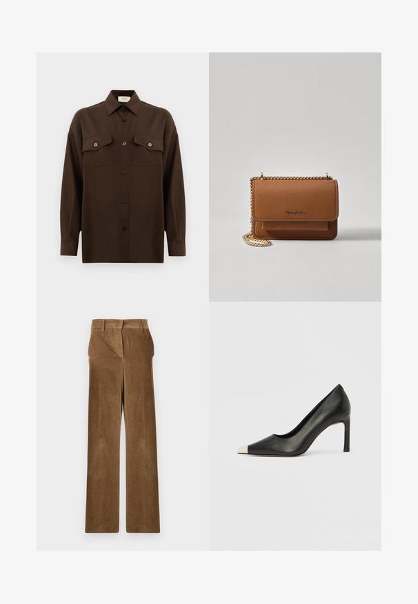 Dunkelbraunes Langarmhemd mit Knopfleiste, zwei Brusttaschen mit Klappe und klassischem Kragen, vor einem schlichten weißen Hintergrund präsentiert.; Braune Cord-Jeans mit weitem Bein, Gürtelschlaufen und Fronttaschen, flach auf einem weißen Hintergrund ausgestellt.; Schwarzer Lederschuh mit hohem Absatz, spitz zulaufender Zehenpartie und metallischer silberner Spitze. Verfügt über eine glatte Oberfläche und einen schlanken 10 cm hohen Absatz.; Braune strukturierte Ledertasche mit goldener Kettenriemen und Klappenverschluss. Die Vorderseite zeigt ein Logo-Detail und eine Tasche unter der Klappe.