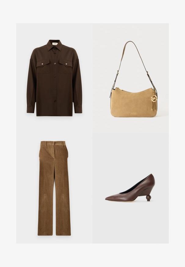 Chemise à manches longues brun foncé avec boutons, dotée de deux poches poitrine à rabat et d'un col classique, présentée sur un fond blanc uni.; Pantalons en velours côtelé marron à jambes larges avec passants de ceinture et poches avant, présentés à plat sur un fond blanc.; Pompe compensée en cuir marron avec un bout pointu et un talon arrondi en forme de boule. Texture lisse avec un design simple et des accents minimaux.; Sac à épaule en suède beige avec une forme courbée, quincaillerie dorée et fermeture éclair. Possède un charm attaché avec les initiales "MK".