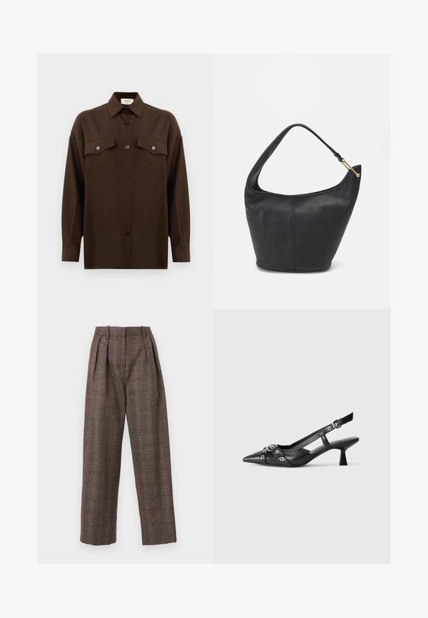 Dunkelbraunes Langarmhemd mit Knopfleiste, zwei Brusttaschen mit Klappe und klassischem Kragen, vor einem schlichten weißen Hintergrund präsentiert.; Braune Karohose mit weitem Bein, gefaltetem Frontbereich und strukturiertem Stoff. Enthält blaue und beige Linien im Muster.; Schwarzer Leder-Slingback-Schuh mit spitz zulaufender Zehenpartie, dekorativen Riemen mit METALLÖSEN und niedrigem Blockabsatz. Strukturelle Oberfläche.; Schwarze Lederhandtasche mit abgerundeter Form, breitem Tragegurt und strukturiertem Finish. Besitzt eine subtile Nahtdetails und einen Akzent aus goldfarbenem Metall.