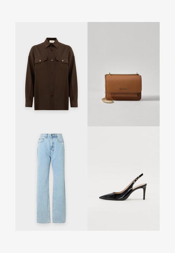 Dark brown long-sleeve button-up shirt with two flap chest pockets and a classic collar, displayed against a plain white background.; Light blue denim jeans with a straight-leg design, featuring a zipper fly, five pockets, and subtle whiskering details.; Black patent leather slingback pump with pointed toe, slim heel, and a subtle cutout design. Features a gold buckle on the strap.; Brown textured leather crossbody bag with gold chain strap and flap closure. Front features logo detail and a pocket under the flap.