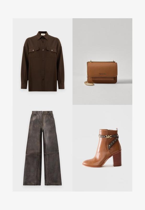 Donkerbruin langarm overhemd met knopen, voorzien van twee zakken met klep op de borst en een klassieke kraag, weergegeven tegen een effen witte achtergrond.; Wijde broek van bruin leer met een textuur, voorzien van een rits aan de voorkant, riemlussen en discrete zijzakken.; Bruine leren enkellaars met een gestapelde blokhak, zijriem met gouden studs en een gouden "MK" logo gesp.; Bruine lederen schoudertas met textuur, voorzien van een gouden kettingstrap en klepsluiting. De voorkant heeft een logo-detail en een zak onder de klep.