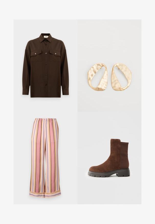 Dark brown long-sleeve button-up shirt with two flap chest pockets and a classic collar, displayed against a plain white background.; Striped pajama pants featuring an elastic waistband, wide legs, and alternating pink, lavender, and yellow stripes with a smooth texture.; Brown suede ankle boot with elastic side panels, rounded toe, and a thick rubber sole featuring a textured tread pattern.; Pair of irregular oval-shaped gold-toned metal earrings with a textured, slightly hammered surface on a white background.