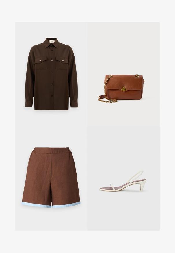 Sötétbarna, hosszú ujjú, gombos ing, két zsebével a mellén és klasszikus gallérral, egyszerű fehér háttér előtt bemutatva.; Barna vászon sort elasztikus derékkal, világoskék szegéllyel. A design oldalsó zsebekkel és egyenes szabással készült.; Fehér, pántos szandál enyhe sarokkal, vékony pántokkal és sima bőr textúrával; kis díszítő csattal rendelkezik.; Barna bőr keresztpántos táska hajtószorítással, arany színű fémrészekkel és lánc pánttal. Simább textúra, téglalap alakú, minimális díszítéssel.