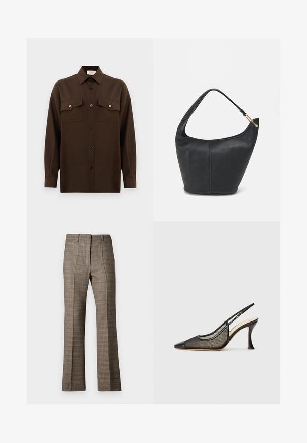 Dark brown long-sleeve button-up shirt with two flap chest pockets and a classic collar, displayed against a plain white background.; Brown plaid trousers with a straight leg cut, featuring a textured fabric and subtle colors of beige and darker browns throughout the pattern.; Black slingback high-heeled shoe featuring a pointed toe, mesh detailing, and a smooth leather cap. Colors include black and beige accents.; Black leather handbag with a rounded shape, a wide strap, and a textured finish. Features a subtle seam detail and a gold-tone hardware accent.