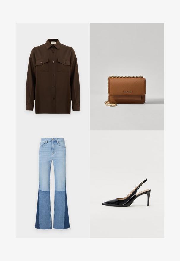 Ciemnobrązowa, długa koszula z guzikami, z dwiema kieszeniami na klatce piersiowej i klasycznym kołnierzykiem, zaprezentowana na jednolitym białym tle.; Dżinsy dzwonowe z segmentami w jasno- i ciemnoniebieskim patchworku, wysoki stan oraz postrzępione brzegi, które dodają tekstury i detali.; Czarne lakierowane szpilki typu slingback z szpiczastym noskiem, smukłym obcasem i subtelnym wycięciem. Posiadają złotą klamrę na pasku.; Brązowa skórzana torba na ramię z teksturą, z złotym łańcuszkiem i zapięciem na klapkę. Z przodu znajduje się detal z logo oraz kieszeń pod klapką.