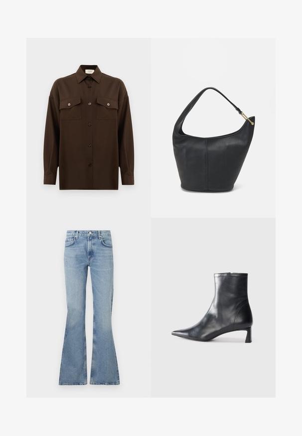 Ciemnobrązowa, długa koszula z guzikami, z dwiema kieszeniami na klatce piersiowej i klasycznym kołnierzykiem, zaprezentowana na jednolitym białym tle.; Jasnoniebieskie dżinsy w kształcie dzwonu, wykonane z denimu, z wysokim stanem, pięcioma kieszeniami i delikatnym wyblaknięciem na całej powierzchni materiału.; Czarne skórzane botki sięgające kostki z ostrym noskiem i eleganckim designem. Posiadają niski obcas oraz zamek błyskawiczny z tyłu. Gładka faktura.; Czarna skórzana torebka o okrągłym kształcie, z szerokim paskiem i teksturowanym wykończeniem. Posiada subtelny detal szwu i akcenty w odcieniu złota.