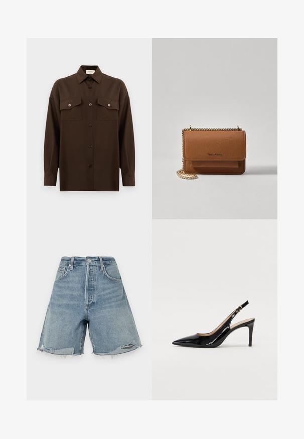 Tmavě hnědá košile s dlouhým rukávem a knoflíky, se dvěma kapsami na hrudi a klasickým límečkem, vystavená na čistém bílém pozadí.; Džínové šortky ve světle modré barvě s vysokým pasem, třepeným lemem a volným střihem. Mají zapínání na knoflík a klasický pětikapsový design.; Černé lakované slingback lodičky s špičatou špičkou, úzkým podpatkem a jemným výřezem. Obsahují zlatou sponu na řemínku.; Hnědá texturovaná kožená kabelka přes rameno se zlatým řetízkovým popruhem a klopnovým uzavíráním. Přední strana obsahuje detail loga a kapsu pod klopou.