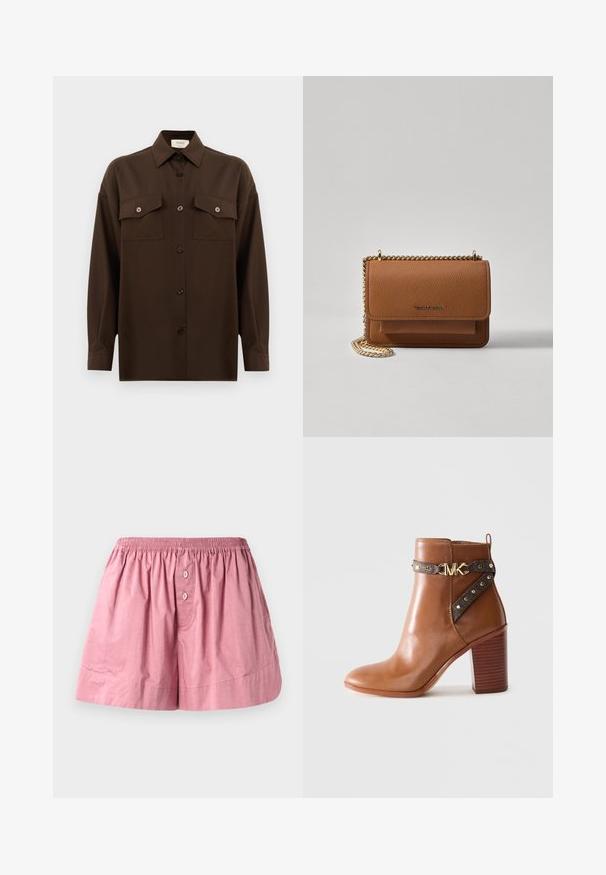 Tmavohnedá košeľa s dlhým rukávom, na gombíky, s dvoma vreckami na hrudi a klasickým golierom, umiestnená na jednoduchom bielom pozadí.; Ružové bavlnené nočné šortky s elastickým pásom, dvomi prednými gombíkmi a voľným strihom. Materiál je hladký s mierne pokrčenou textúrou.; Hnedá kožená členková obuv so zúženým blokovým podpätkom, postranným popruhom so zlatými nitmi a zlatou sponou s logom "MK".; Hnedá textúrovaná kožená taška cez telo s zlatým reťazovým popruhom a preklopným uzáverom. Predná strana obsahuje detail s logom a vrecko pod preklopkou.