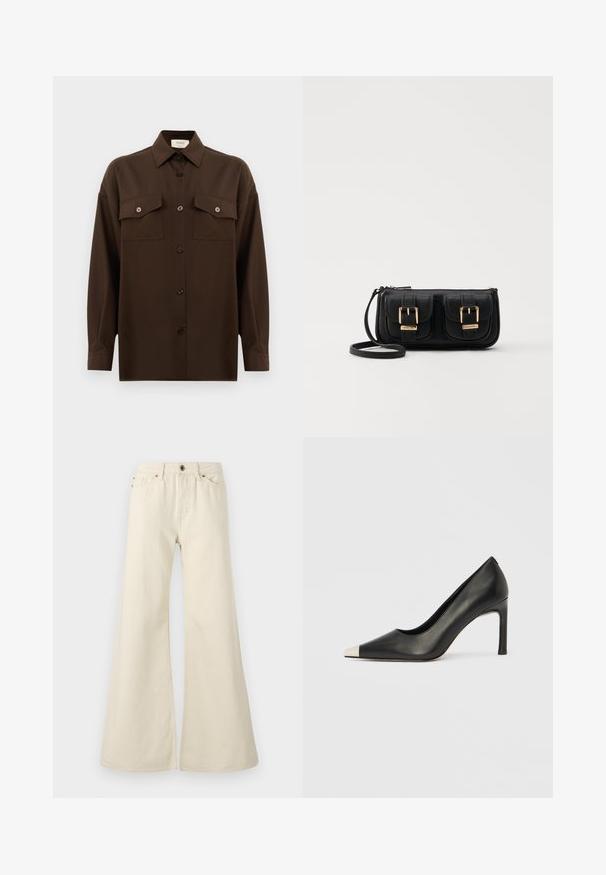 Sötétbarna, hosszú ujjú, gombos ing, két zsebével a mellén és klasszikus gallérral, egyszerű fehér háttér előtt bemutatva.; Világos bézs színű, bővülő szárú farmernadrág, pamutból készült. Magas derékkal, öt zsebbel és kontrasztos varrási részletekkel ellátott, gombos záródással rendelkezik.; Fekete bőr magas sarkú cipő hegyes orral és fém ezüst orrtippel. Simább kivitelű, karcsú, 10 cm-es sarokkal.; Fekete bőr keresztbody táska két elülső zsebbel, arany csattokkal, cipzáras záródással és vékony pánttal. Textúrált felület és kompakt téglalap alak.