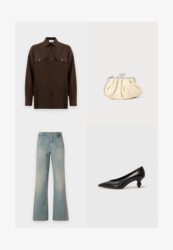 Cămașă lungă, cu mâneci lungi, de culoare maro închis, cu două buzunare frontale cu clapetă și guler clasic, expusă pe un fundal alb simplu.; Jeans din denim albastru deschis, cu croi larg și talie înaltă, cu închidere cu nasture și textură uzată. Au un design clasic cu cinci buzunare și picioare drepte.; Pantofii cu toc înalt din piele neagră, cu vârf ascuțit și toc rotund, mimos. Textură netedă, cu un design elegant și minimalist.; Clutch din piele plisată bej, cu un cadru din metal argintiu, având două închideri decorative rotunde și o curea din lanț argintiu.